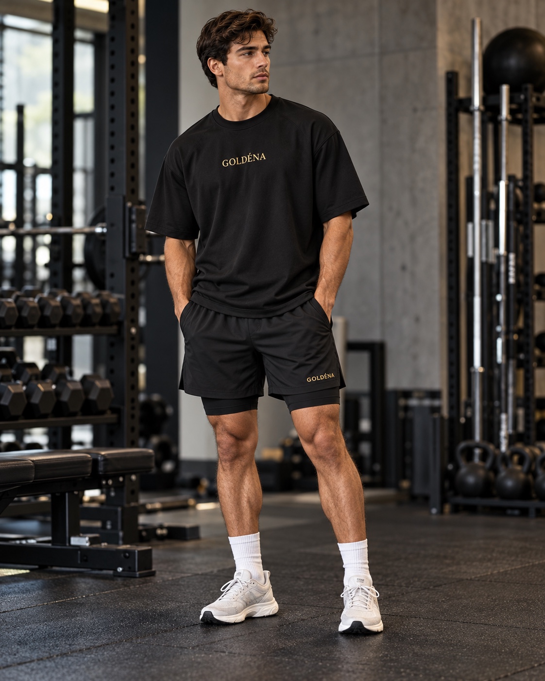 Man wearing the oversized black cotton GOLDÉNA tee and black training shorts