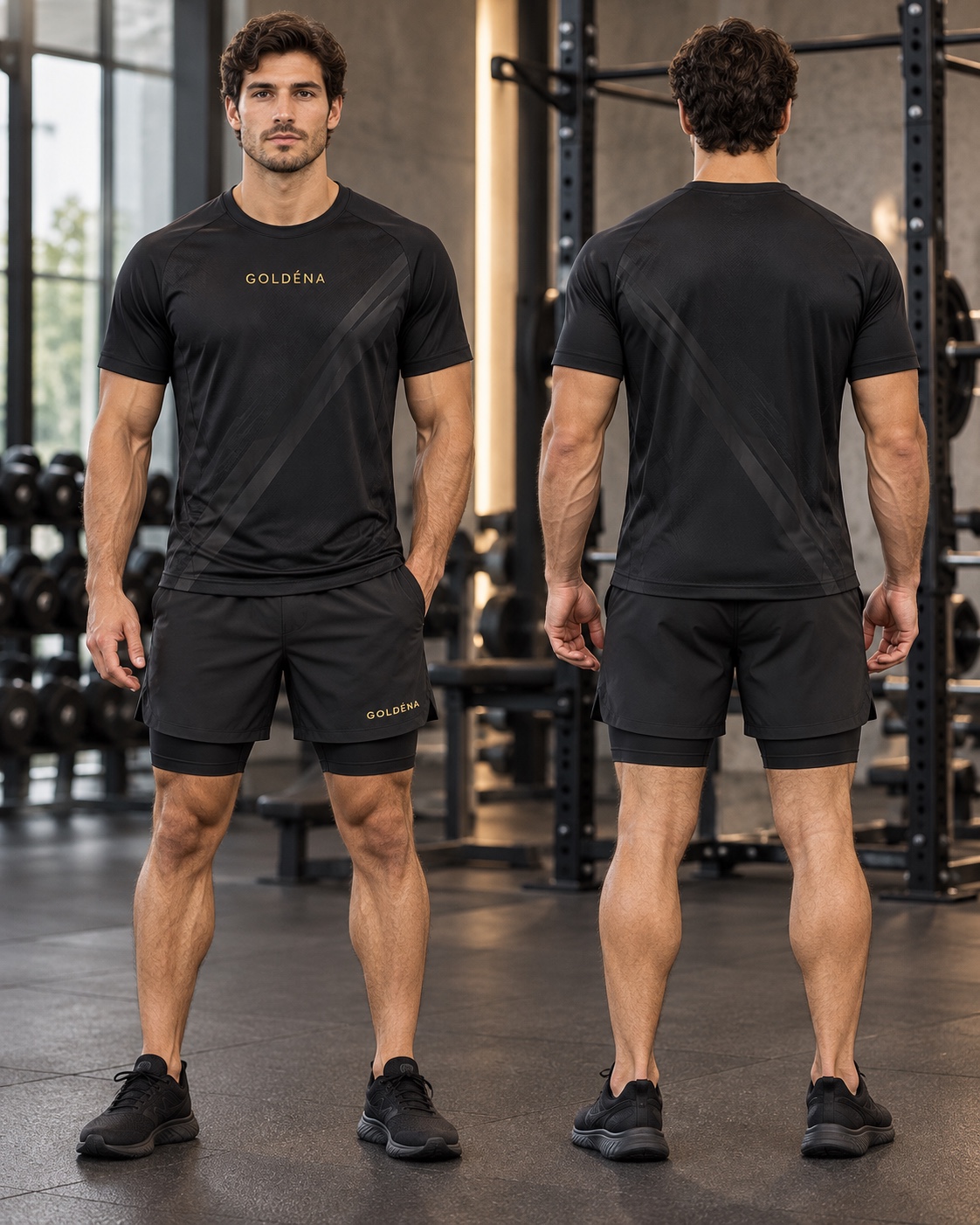 Man wearing the black GOLDÉNA performance tee and lined training shorts, front and back view