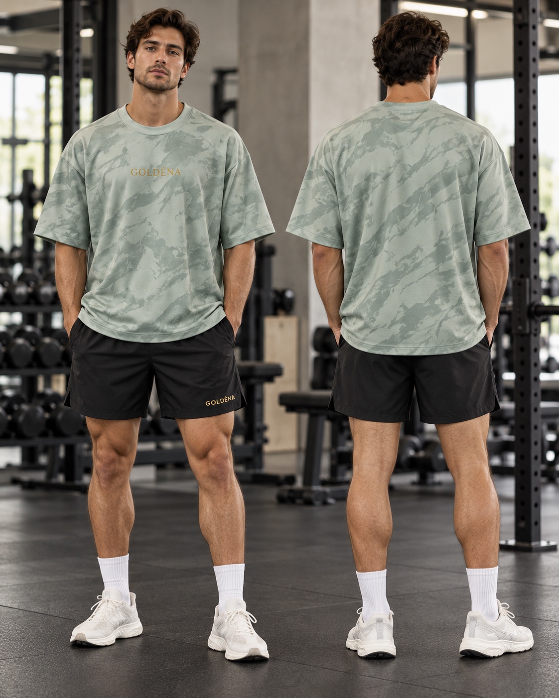 Man wearing the sage marble GOLDÉNA training tee and black shorts, front and back view